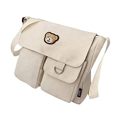 Preppy Style Women Canvas Multi-pocket Shoulder Bag Student Fashion Zipper Crossbody BagMiddle School Reusable Eco-friendlyTravel Book Bags Cover