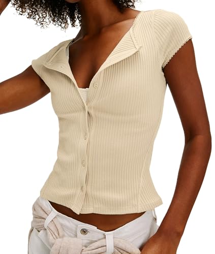 Womens Ribbed Short Sleeve Sweater Cardigan Button Down Shirts Cardigan Blouses for Women Dressy Casual Wear