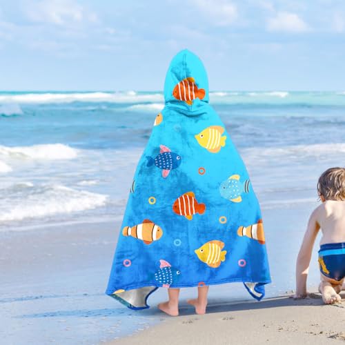 Image of Shark Boys Beach Towel with Hoodie for Kids Toddlers Age 4-8,Shark Blue Bath Towels Shower Wrap for Boys, Hooded Poncho Beach Blanket for Pool Swimming Cute Wearable Bath Towel for Child