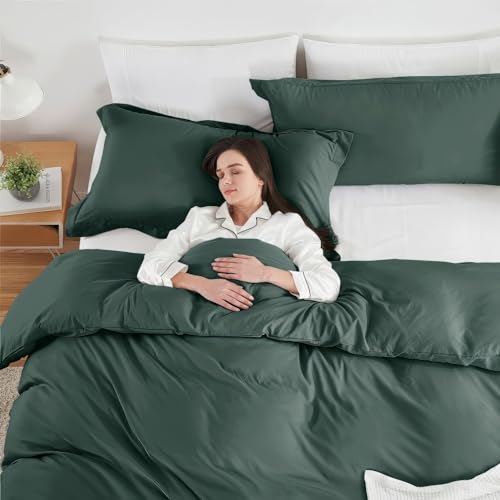 Image of Hearth & Harbor Forest Green Duvet Cover Queen Size, 3 Piece Bedding Set | Soft Double Brushed Bedding Set, Button Closure, 1 Duvet Cover 90x90 Inches, 2 Pillow Shams