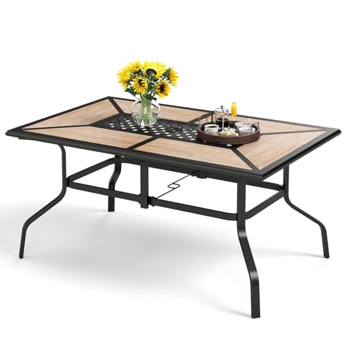 PHI VILLA Outdoor Dining Table for 6, Rectangular Metal Wrought Iron Table with Polywood Tabletop and Umbrella Hole, Large Heavy-Duty Furniture for Patio, Deck, Yard, Porch