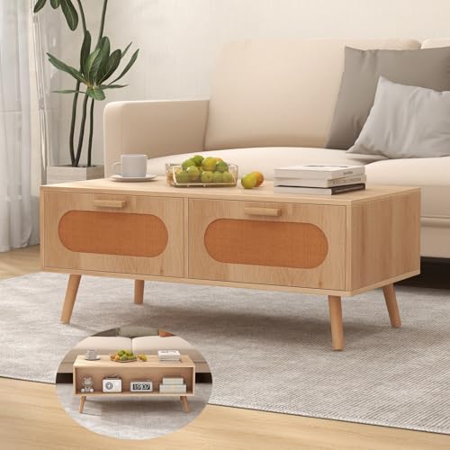 GOPLUS Table Basse Salon Vintage Française, 2 Tiroirs avec Portes en Rotin et Un Espace...