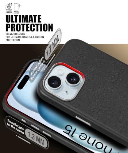 Image of WOW IMAGINE Back Cover for iPhone 15 | Shockproof Tough Leather Texture Hard Mobile Case | Ultra Slim Non-Slip Grip | Inner Velvet Fabric | Metal Camera Ring - Black