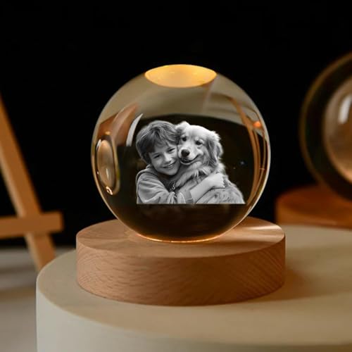 SHENGBEIDZ Bola De Cristal Personalizada Con Foto De Mascota En 3D Y Base Con Luz LED, Regalo De Recuerdo for Los Padres De Los Novios Con Fotos De Mascotas, Decoración De Mesa(Colorful,8cm)
