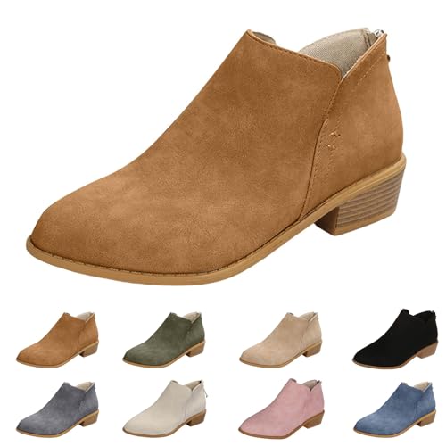 Womens Ankle Boots V Cutout Pointed Toe Chunky Low Heel Booties Classic Western Boots Faux Suede Slip on Booties 6