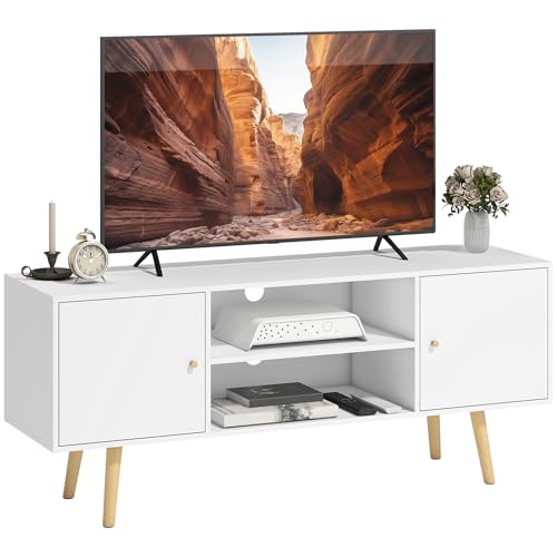 HOMCOM Meuble TV 120 cm, Meuble télé pour téléviseur jusqu'à 55 Pouces avec 2 placards et 2 étagères Ouvertes, Banc TV Moderne pour Salon, Chambre à Coucher,...