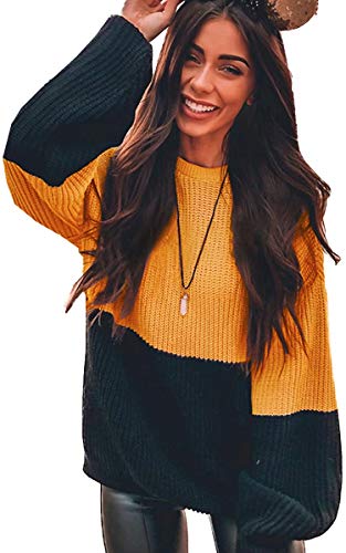 Angashion Women Sweaters-Oversized Chunky Knit Color Block Drop Shoulder Batwing Sleeve Pullover Sweater Tops Yellow Black XL