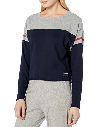 Tommy Hilfiger Women's Long Sleeve Pullover Logo Sweater Sweatshirt Pajama Top Pj, Navy/Grey, X-Large