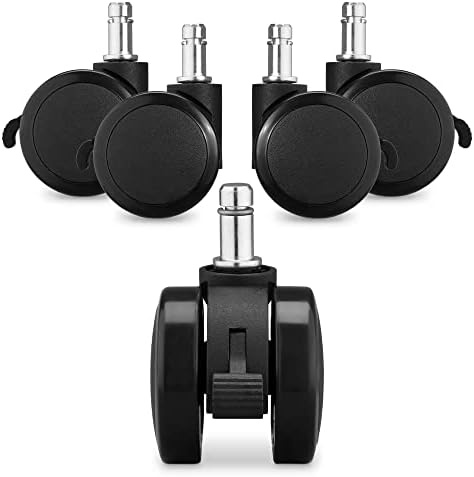 kwmobile Replacement Office Chair Wheels with Brake (Set of 5) - 11mm Stem Wheel Castors with Brakes Casters for Wooden and Hard Floors - Black/Black