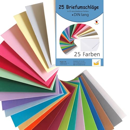 Paper24 25 Briefumschläge bunt Din lang in 25 Farben als Set bunte Briefumschläge 110x220 mm nassklebend alsGeschenkidee Umschläge DIN lang bunt