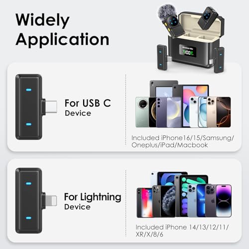Image of Mini Wireless Lavalier Microphone for iPhone iPad Android with Lightning /USB-C Plug, 80H Work Time Noise Reduction Lapel Mic for Recording, Clip Omni Lav Mic for Video Recording, Tiktok, Youtube, Vlog