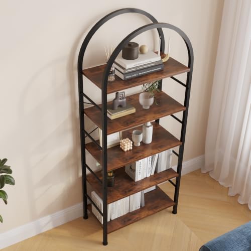 Image of HOME CUBE 5-Tier Standing Shelf Unit, Freestanding Storage Rack with Wooden Shelves & Metal Frame, Microwave Stand, Kitchen Organizer, Bookshelf, Multipurpose Storage, Arched Top Design- 60x30x170cm