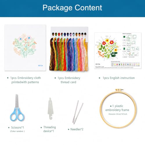 Image of Zhenqing Floral Embroidery Kit for Beginners, Wildflower Botanical Needlework Kit with Pre-Printed Cotton Fabric, Hoop, Threads & Tools, Flower Wall Decor (C0126)