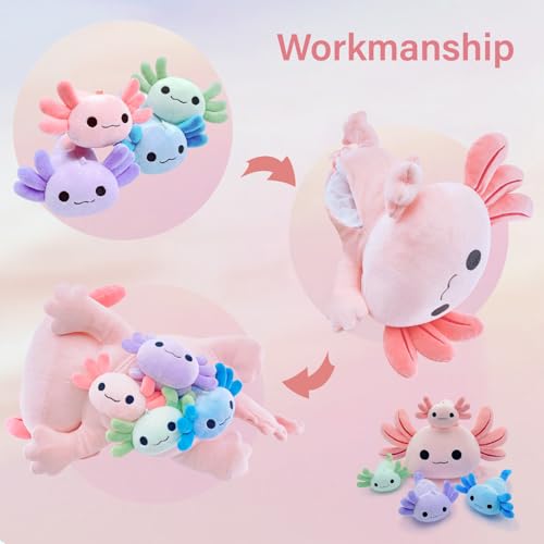 Image of Axolotl Plush，Cute Axolotl Mommy Stuffed Animal with 4 Baby Axolotl Plushies in Tummy，Kawaii Axolotl Plush Toy Gift for Kids Girls Boys