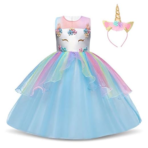 TTYAOVO Chicas Estrella Unicornio Fancy Vestido Princesa Flor Desfile de Niños Vestidos sin Mangas Volantes Vestido de Fiesta Talla 3-4 Años Azul