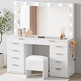 DWVO Vanity Desk Set with Mirror & Power Outlets, Vanity Table with Stool, 12 LED Bulbs, 3 Dimmable Light Colors, 10 Drawers, Hair Dryer Rack & Magnifying Mirror