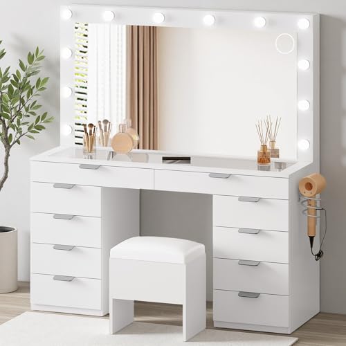 DWVO Vanity Desk Set with Mirror & Power Outlets, Vanity Table with Stool, 12 LED Bulbs, 3 Dimmable...