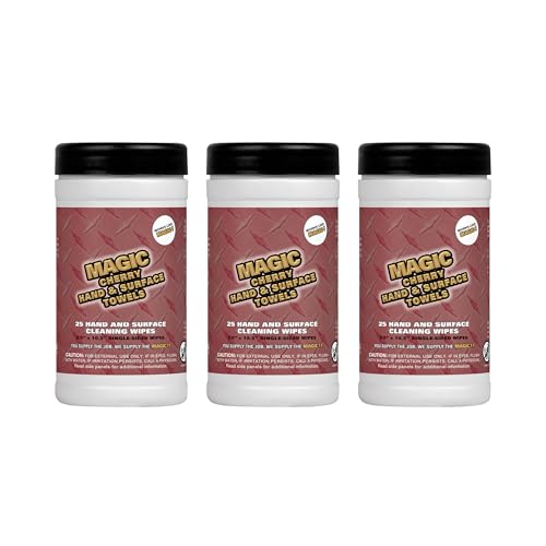 Image of Magic Cherry Scented Heavy Duty Cleaning Wipes - Single Sided Hand & Surface Shop Towels | Professional-grade Cleaning | Waterless | Cleans Grease, Oil, Dirt, & more (3 Pack | 75 Sheets Total)