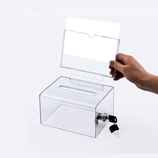Acrylic Donation Ballot Box with Lock - Secure Suggestion Box Perfect for Business Cards (6.25" x 4.5" x 4") Clear