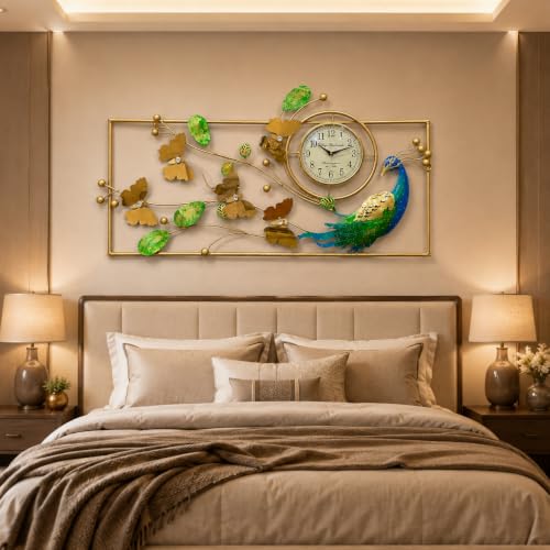 Image of Large Metal Multicolor Peacock Leaf Wall Clock Floral Design Handpainted Decorative Wall Art for Living Room Bedroom Office Dining (42 x 22 Inch)