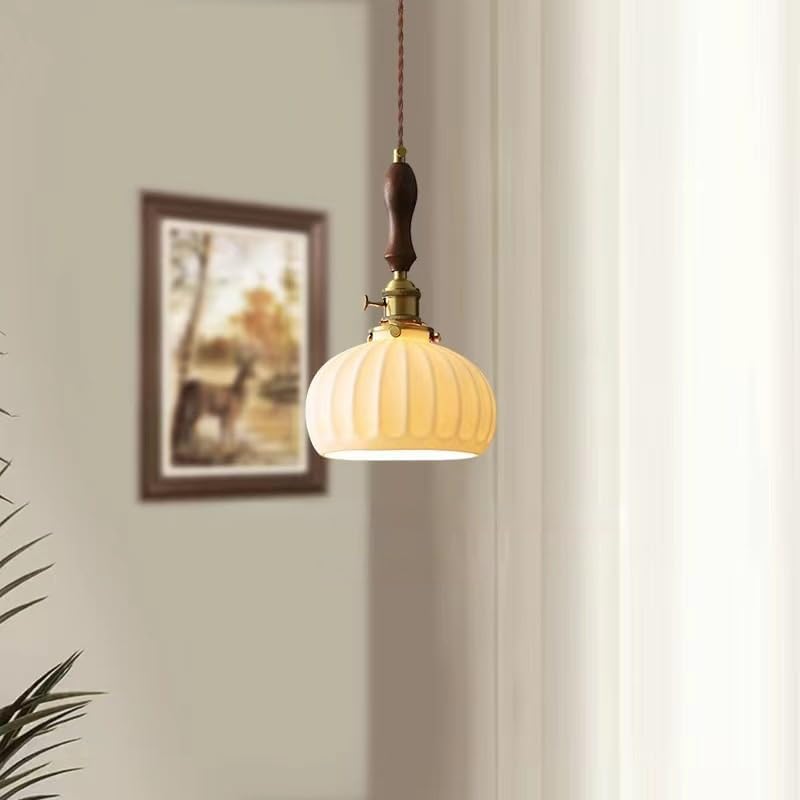 Miniatura 5 de Modern White Globe Pendant Lights, Mid Century Ceramic Shade with Brass Finish, Vintage Walnut Chandelier for Dining Room Living Room Bedroom E27E26