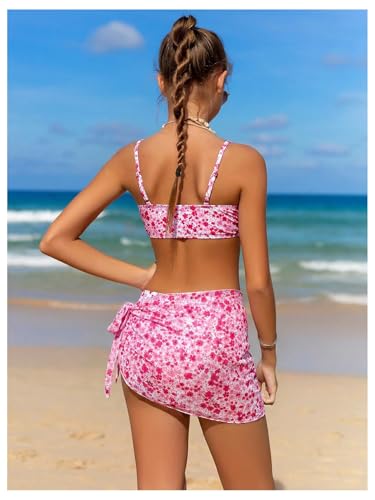 Image of OYOANGLE Girl's 3 Piece Bikini Sets Floral Print Spaghetti Straps Cute Swimsuits with Beach Skirt Bathing Suits