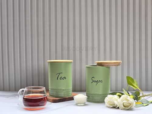 Image of JISCOVERY Airtight Tea & Sugar Container Set of 2| Metal Storage Canister with Wooden Lid for Kitchen| Storage Box for Kitchen Counter Top| 1300 ML| Green