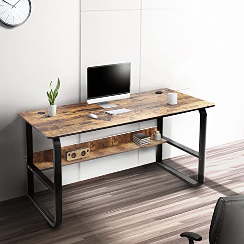 Brown-Brown 55 Inch Computer Desk, Writing Computer Desk With Storage Shelf For Home Office Workstation, Wood Table Metal Frame For Pc Laptop, Black Oak #TOP2