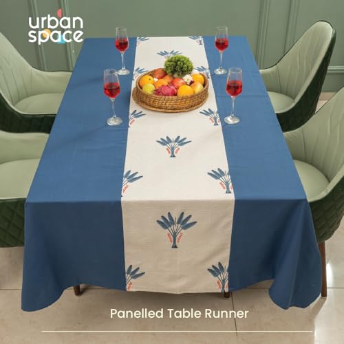 Image of Urban Space Cotton Rectangular Dining Table Cover for 6 Seater, Table Cloth with Panelled Design, 6 Seater Cotton Table Cover for Center Table (Palm Lagoon Indigo, 6 Seater, 48 inch x 92 inch)