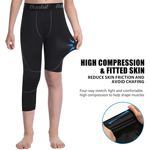 Runhit 3/4 One Leg Boys Compression Leggings,Athletic Tights Basketball Compression Pants,Youth Boys Base Layer Pants3
