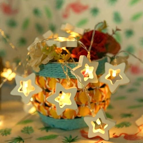 Image of K D 20 LED Wooden Star Warm Yellow 12.5 FT String Fairy Lights - Plug Operated Christmas & Festival Decor Lamp