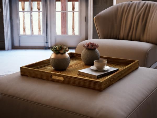 Miniatura 7 de Hanobe Bandeja otomana cuadrada grande bandeja extra grande para servir con asas, bandejas decorativas de madera rústica, mesa auxiliar, decoración