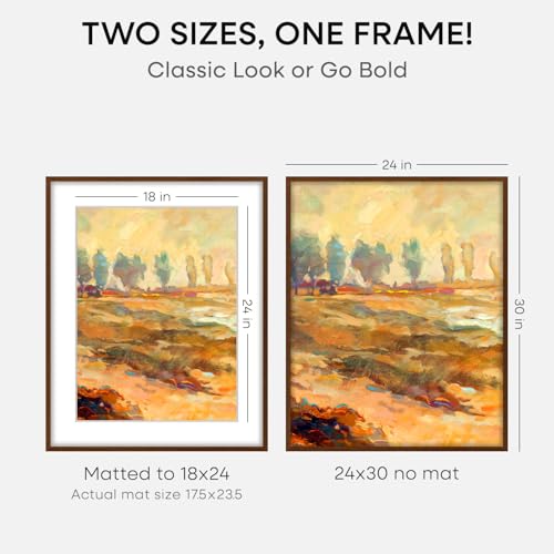 Image of Homeforia 24x30 Walnut Frame, High End Oak 24 x 30 Wooden Poster Frame with Mat 18 x 24, 30x24 Large Picture Frames for Wall, 24x30 Brown Wood Frame Matted to 18x24, Tempered Glass, Wall Kit, Set of 2