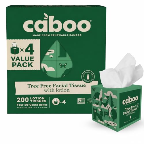 Caboo Tree Free Facial Tissues with Lotion 4 Pack | Soft Sustainable Responsibly Sourced 100% Bamboo Face Tissues | Pack of 4 Boxes 50 Count Per Box Total of 200 Tissues