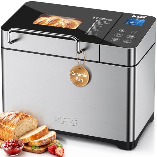 Image of KBS Pro 710W 2.2LB Bread Maker, Stainless Steel 17-in-1 Smart Bread Machine with Healthy Ceramic Pan, Automatic Nut Dispenser, Tempered Glass Touch Panel, 3 Crust Colors, 15H Timer &Keep-Warm, Recipes