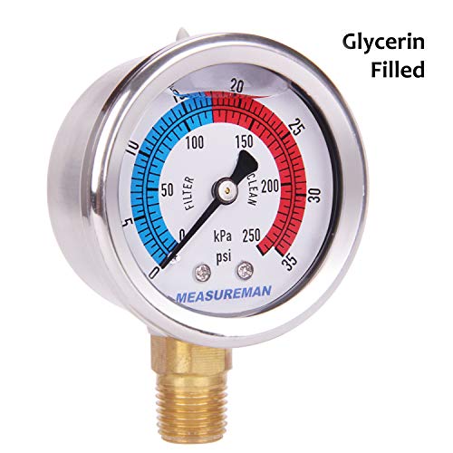 Measureman 2" Dial Size, Glycerin Filled Pool Filter Pressure Gauge, 304 Stainless Steel Case, 0-35Psi/250Kpa, 1/4" Npt Lower Mount #TOP2