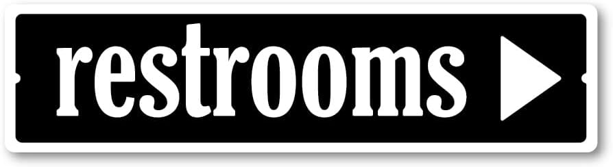 GRX1507 Indoor/Outdoor Plastic Sign LARGE 24 in x 6 in: RESTROOMS. ARROW RIGHT (black/white) Style 4
