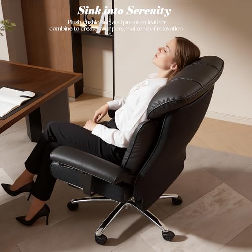 Image of Efomao Big and Tall Office Chair 400 lbs Capacity, Oversized Executive Desk Chair with Footrest, Extra Wide 23 inch Seat, High Back Ergonomic PU Leather Home Office Chair, Black | 400 lb Capacity; Retractable Footrest; 23 inch Extra-Wide Seat; Dual-Layer Cushion; 135 Recline