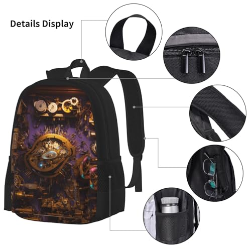 Gears Clock Bronze Century Print 3 Piece Backpack Set, Laptop Daypack, Lightweight Bookbag Set With Lunch Bag Pencil Case4