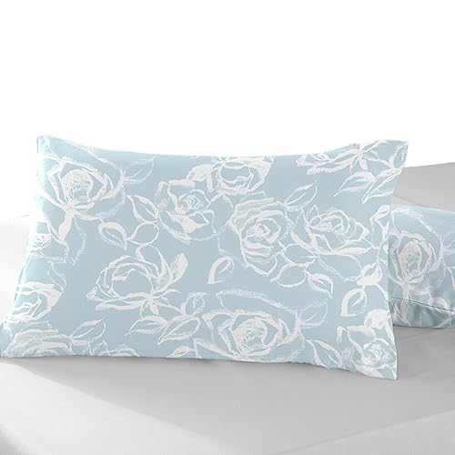 Pizuna Cotton Simply Floral Blue Printed Pillowcases 2 Pack 48x74, 400 Thread Count 100% Long Staple Cotton Pillow Cover, Sateen Standard Housewife PillowCase (Marble Printed Pillow Cases 2 Pack)
