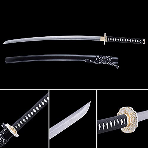 Shen Guanglong Katana Sword Real Samurai Sword with Full Tang Damascus Steel Blade, Martial Arts Training Sword Practice Sword, Traditional Handmade Damascus Heat Tempered Sharp Knife