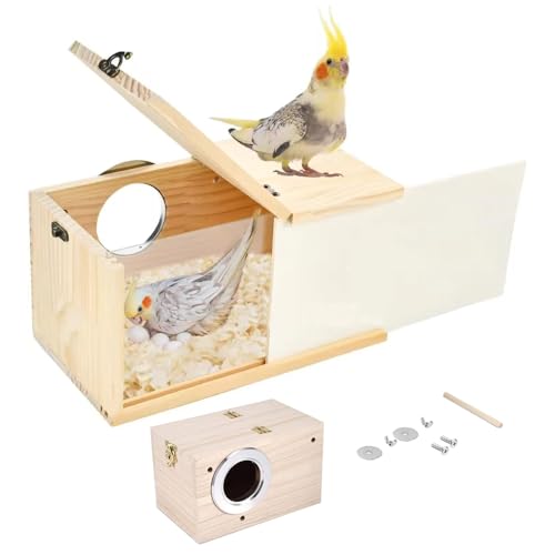 Zyiphor Caja de Anidación de Periquito Diseño Transparente Caja Nido Pájaros con casa Jaula Caja de Cría de Madera Maciza para Periquitos Loros Agapornis Cacatúas Jaula (12x12x19,5cm)