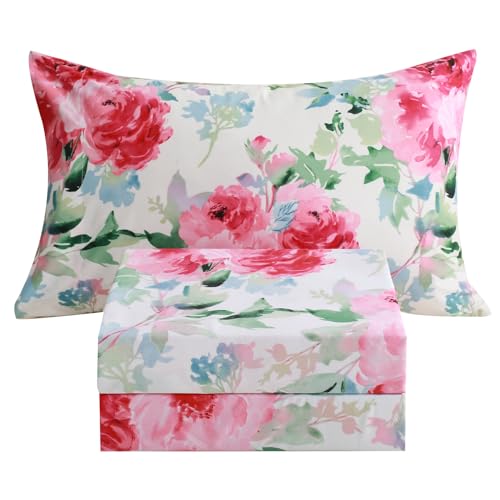 Image of JSD Watercolor Rose Floral Printed Sheet Set Twin Size | 3 Piece Soft Botanical Microfiber Sheets, OEKO-TEX Certified, Easy Care