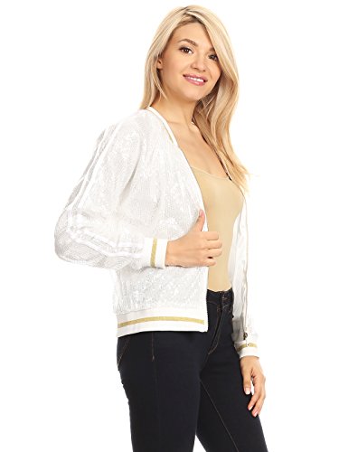 Anna-Kaci Womens Long Sleeve Front Zip Track Stripe Sequin Bomber Jacket,    White, Medium