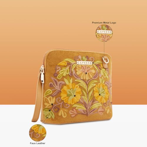 Image of Caprese Siji Tresana Small Crossbody Bag for Women | Kashida Embroidery Sling with Adjustable & Detachable Strap, Secured Zip Closure | Stylish & Spacious Handbag for Everyday Use & Travel