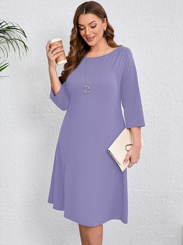 Image of AusLook Women's Plus Midi Dresses Crew Neck A Line 3 /4 Sleeves Casual Elegant Loose Wedding Vacation Dress with Pockets