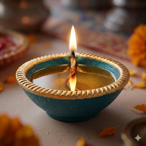 Image of Pure Source India Traditional Handmade Earthen Clay Big Size Diya for Laxmi Poojan, 4 Pieces | Elegant Blue Color (4 Pieces) - Premium Terracotta Akhand Jyot for Diwali, Puja & Festive Decor (Blue)