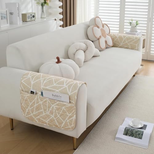 Image of HOKIPO 'Elira Series' Digitally Printed Water Repellent + Waterproof Armrest Cover for Sofa with Pockets (2Pcs) - Beige Abstract Geometry (NEW2-AR-5251-S-C3*2)