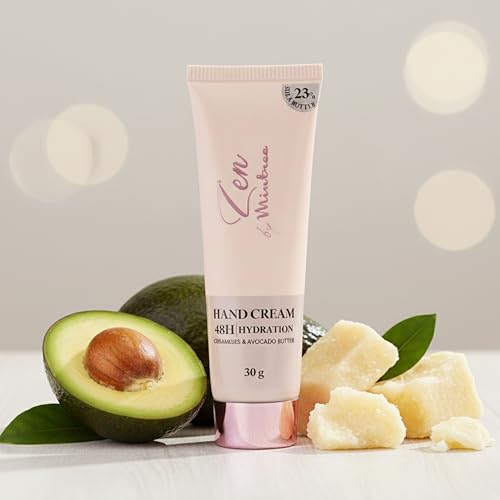 Image of Mintree Hand Cream for Men and Women, Lightweight & Hydrating with Shea Butter, Avocado Butter, Ceramides & Squalane, Beige | 48 HR Hydration & Woody Scent | Suitable for All Skin Types, 30 g