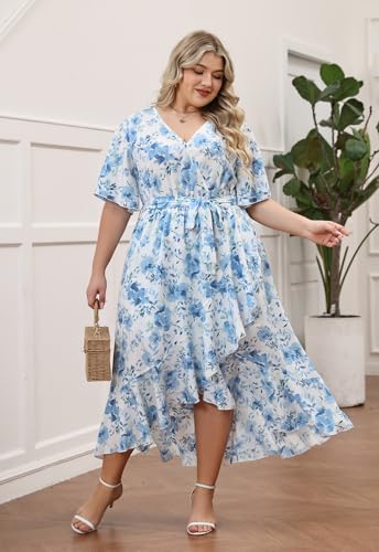 Image of Keluummi Plus Size Maxi Dress for Women V-Neck Floral Empire Waist 3 /4 Sleeve with Pockets